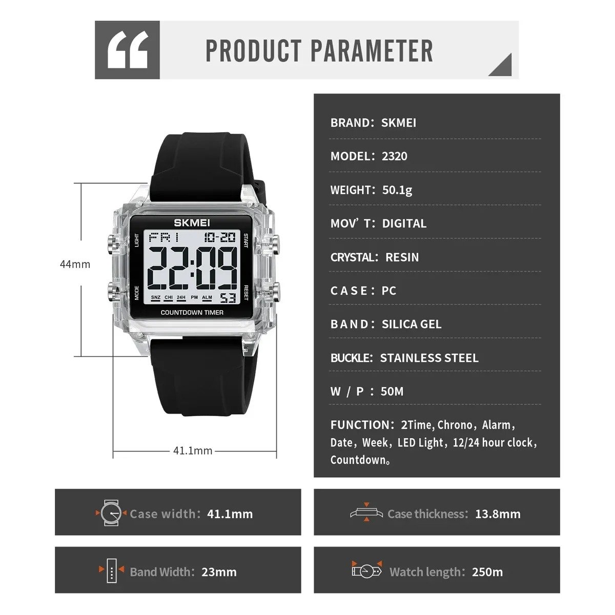 2320 (10) Skmei - 2320 - Digital Countdown Sports Watch - White/Transparent-Black - Image 5