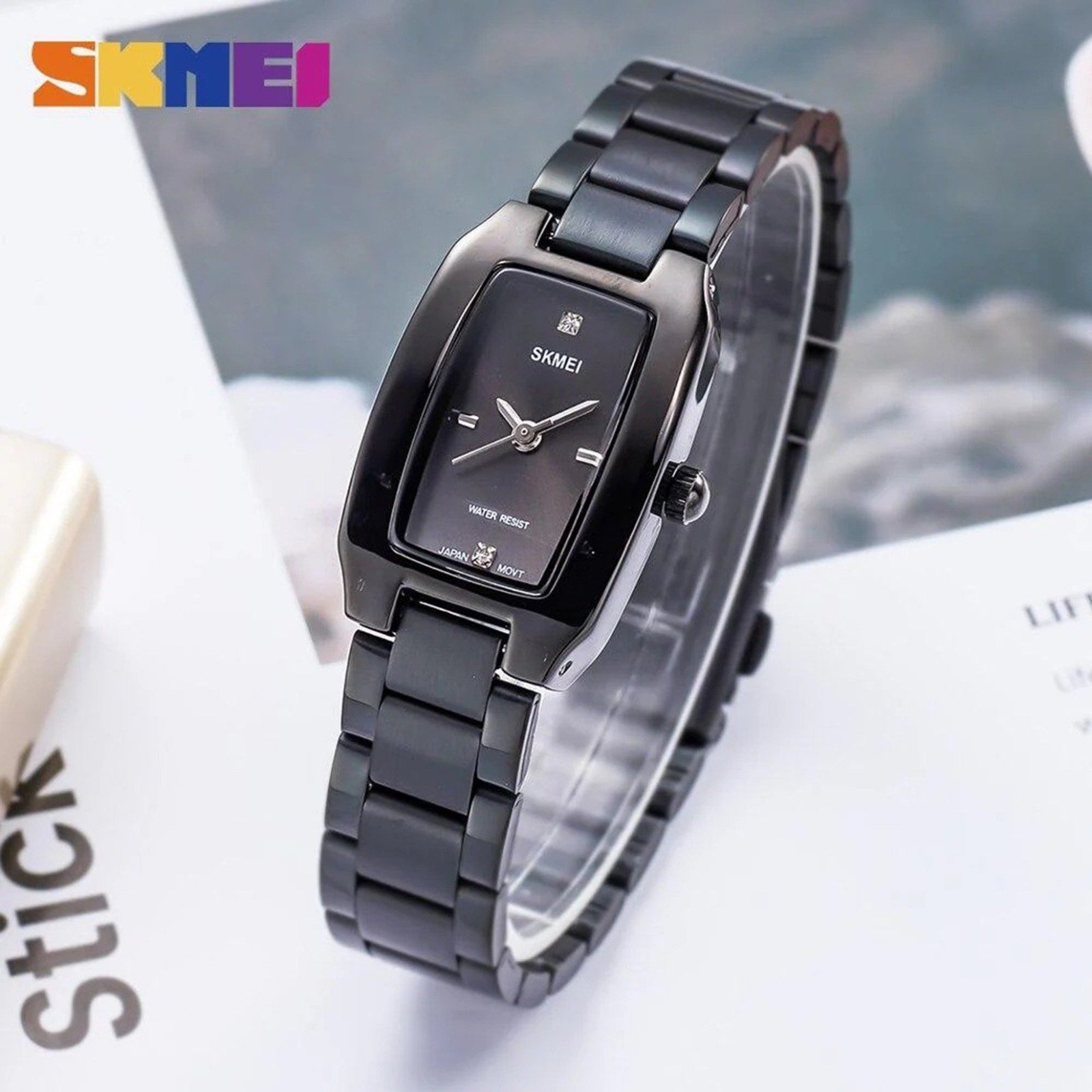 1400 (1) SKMEI - 1400 - Women Stainless Steel Rectangle Dial Elegant Watch - black - Image 4