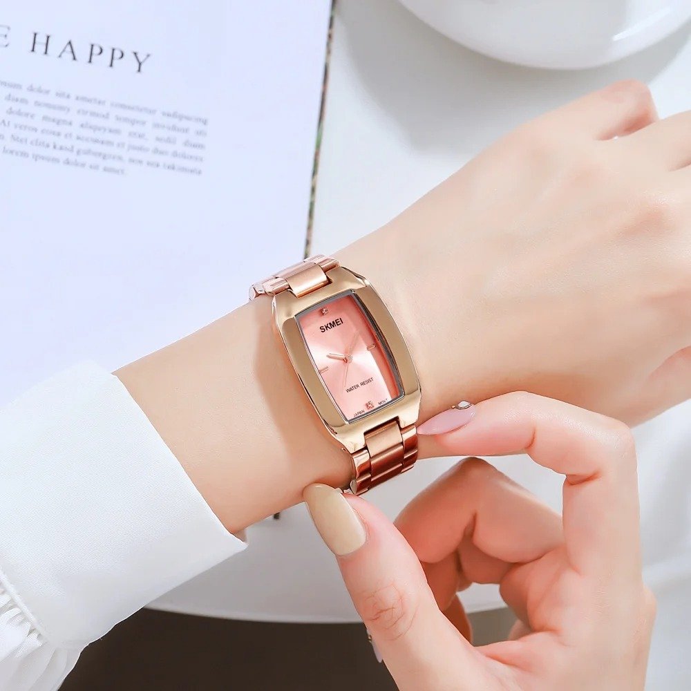 1400 (22) SKMEI - 1400 - Women Stainless Steel Rectangle Dial Elegant Watch - rose gold - Image 3