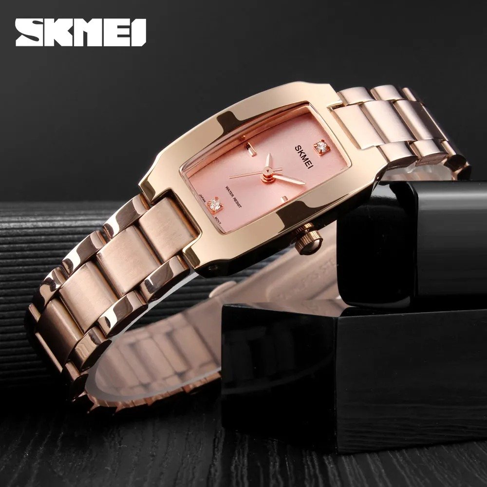 1400 (6) SKMEI - 1400 - Women Stainless Steel Rectangle Dial Elegant Watch - rose gold - Image 2