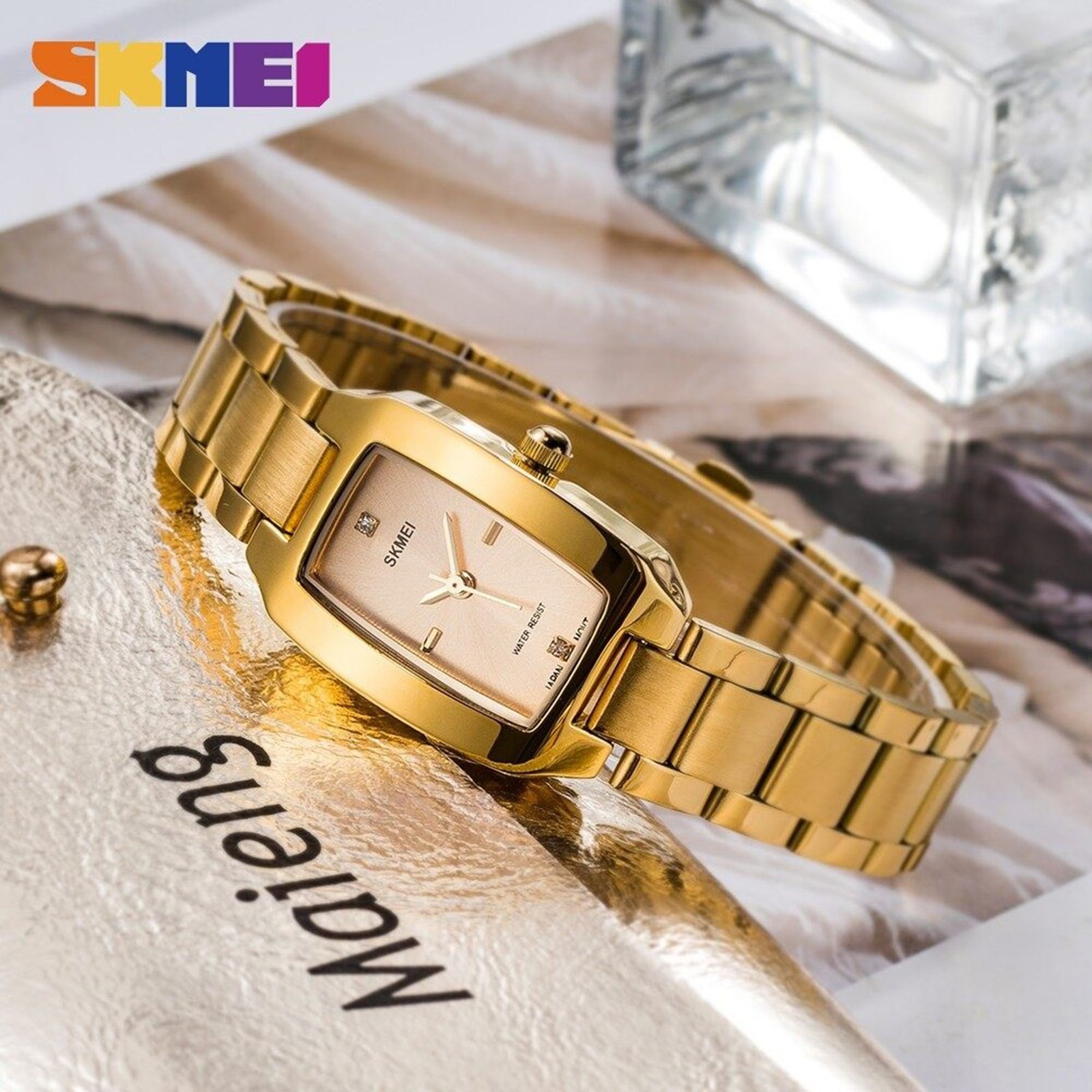 1400 SKMEI - 1400 - Women Stainless Steel Rectangle Dial Elegant Watch - gold - Image 3