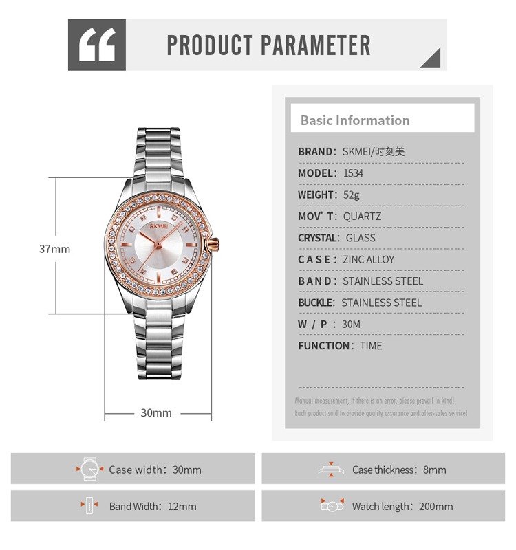 1534 (5) SKMEI - 1534 - Women Water Resistant Diamond Quartz Watch - rose gold/silver - Image 4