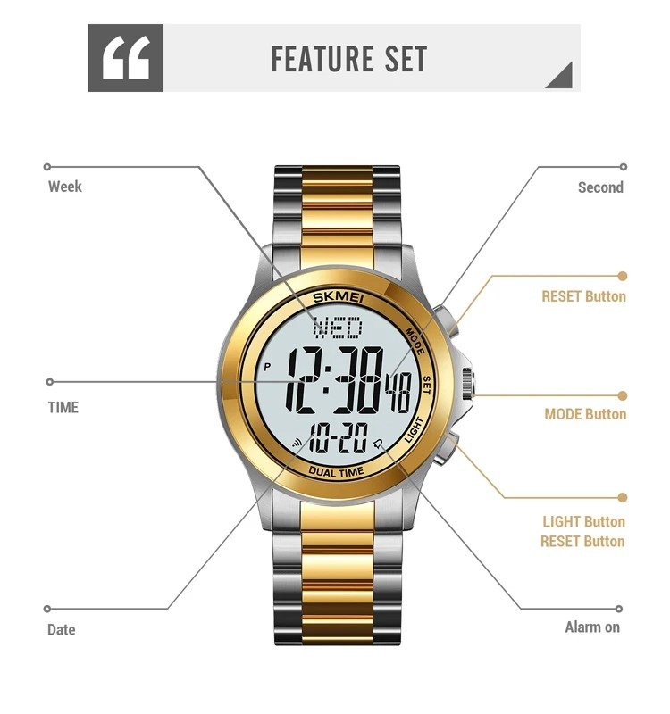2271 (7) Skmei - 2271 - Digital Dual Time Men's Stainless Steel Watch - silver gold - Image 3