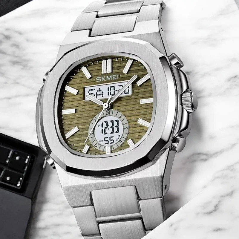 2279 (10) Skmei - 2279 - Dual Time Stainless Steel Watch - silver/green - Image 2