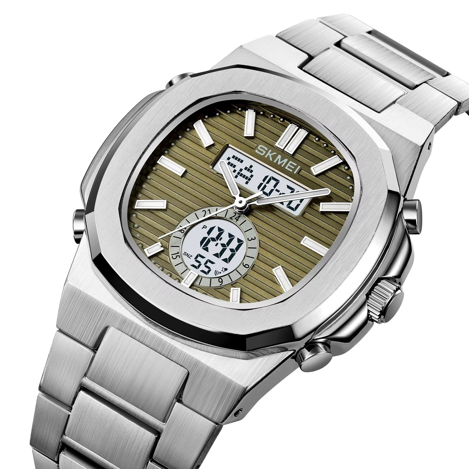 2279 (13) Skmei - 2279 - Dual Time Stainless Steel Watch - silver/green - Image 1