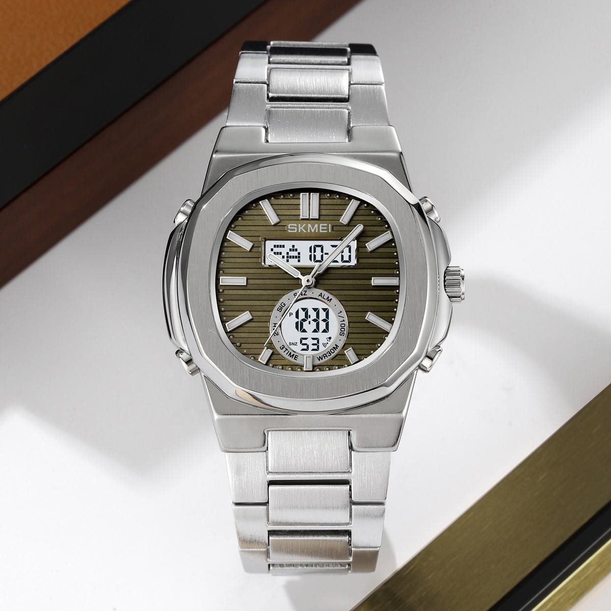 2279 (14) Skmei - 2279 - Dual Time Stainless Steel Watch - silver/green - Image 4