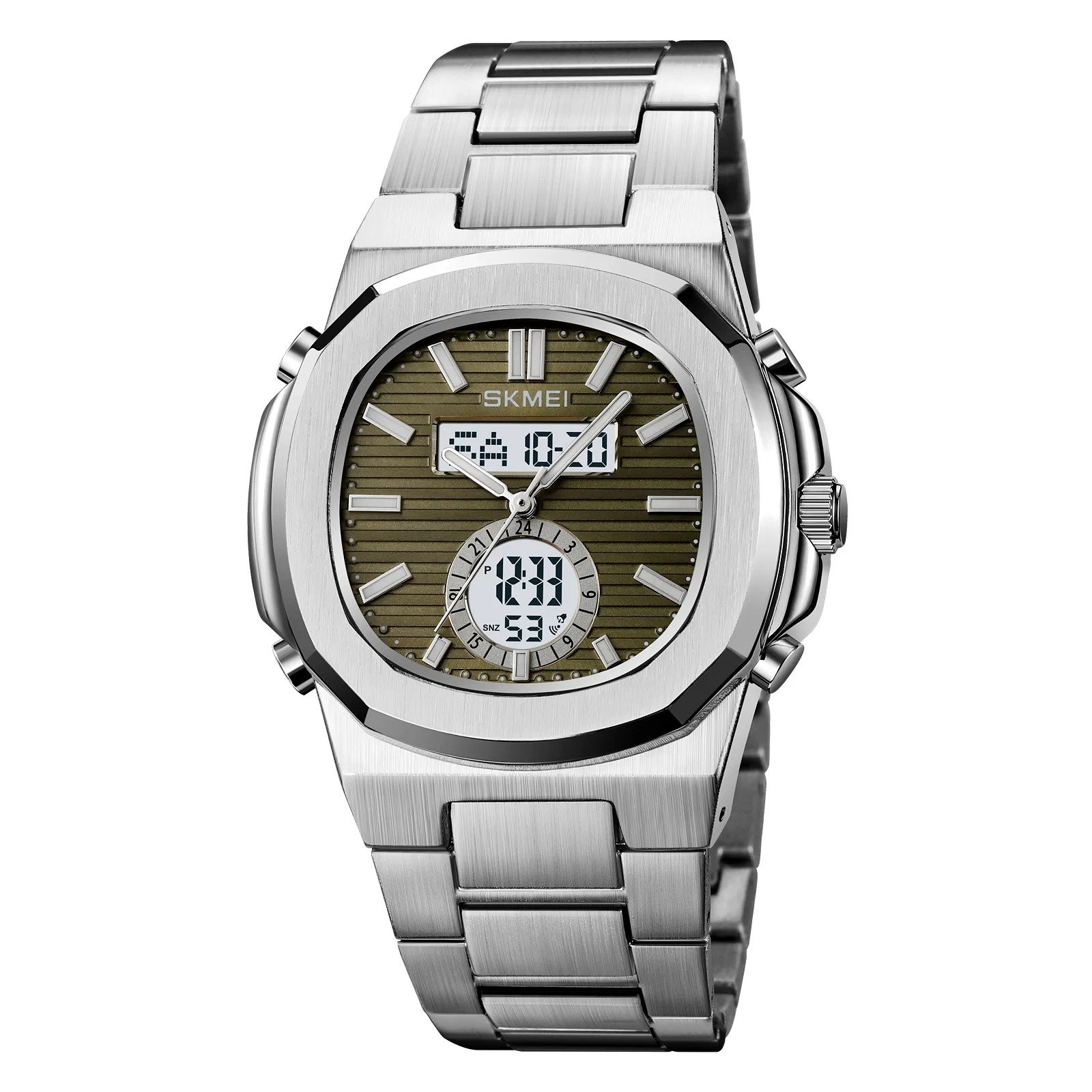 2279 (15) Skmei - 2279 - Dual Time Stainless Steel Watch - silver/green - Image 3