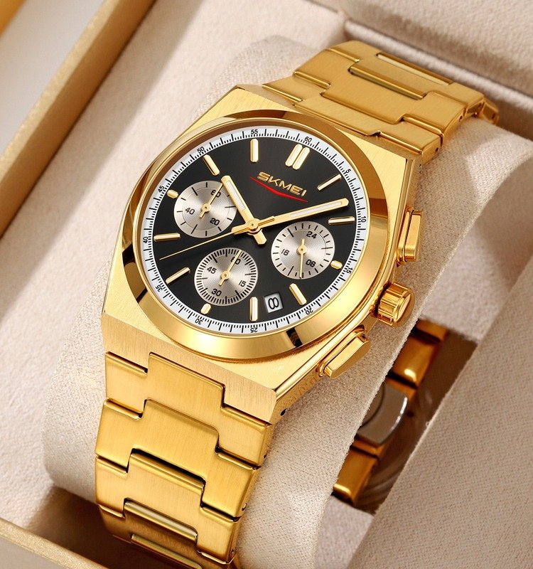 9371 (9) SKMEI - 9371 - Luxury Business Waterproof Luminous Date Stainless Steel - Gold/Black - Image 2