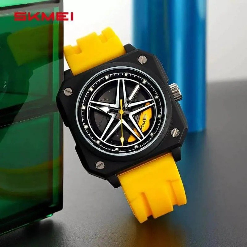 WhatsApp Image 2025-10-16 at 11.36.41 PM (1) SKMEI - 2362 - Trendy Wheel Spinner Quartz Silicon Strap - Yellow - Image 4